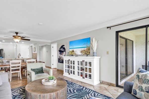 Living Area with smart TV, Balcony