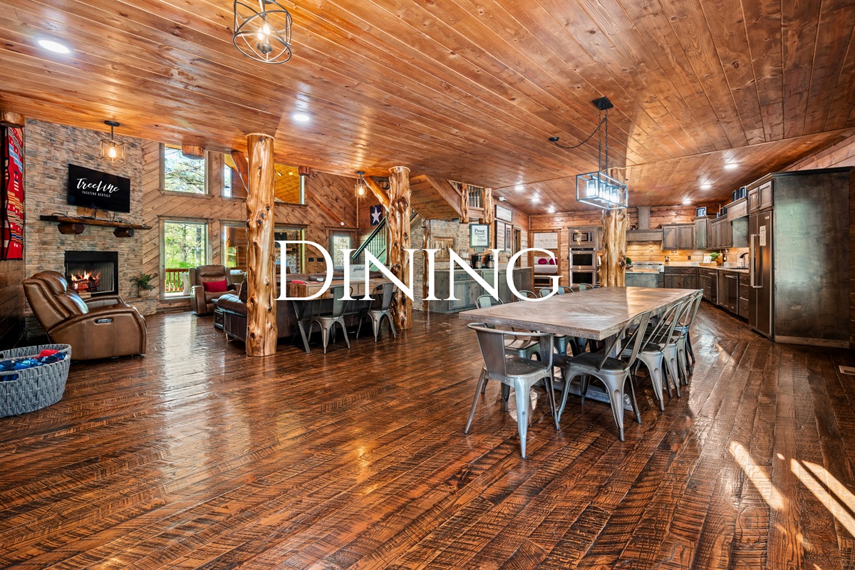 The dining area brings everyone together with a large table perfect for shared meals, games, or long conversations.