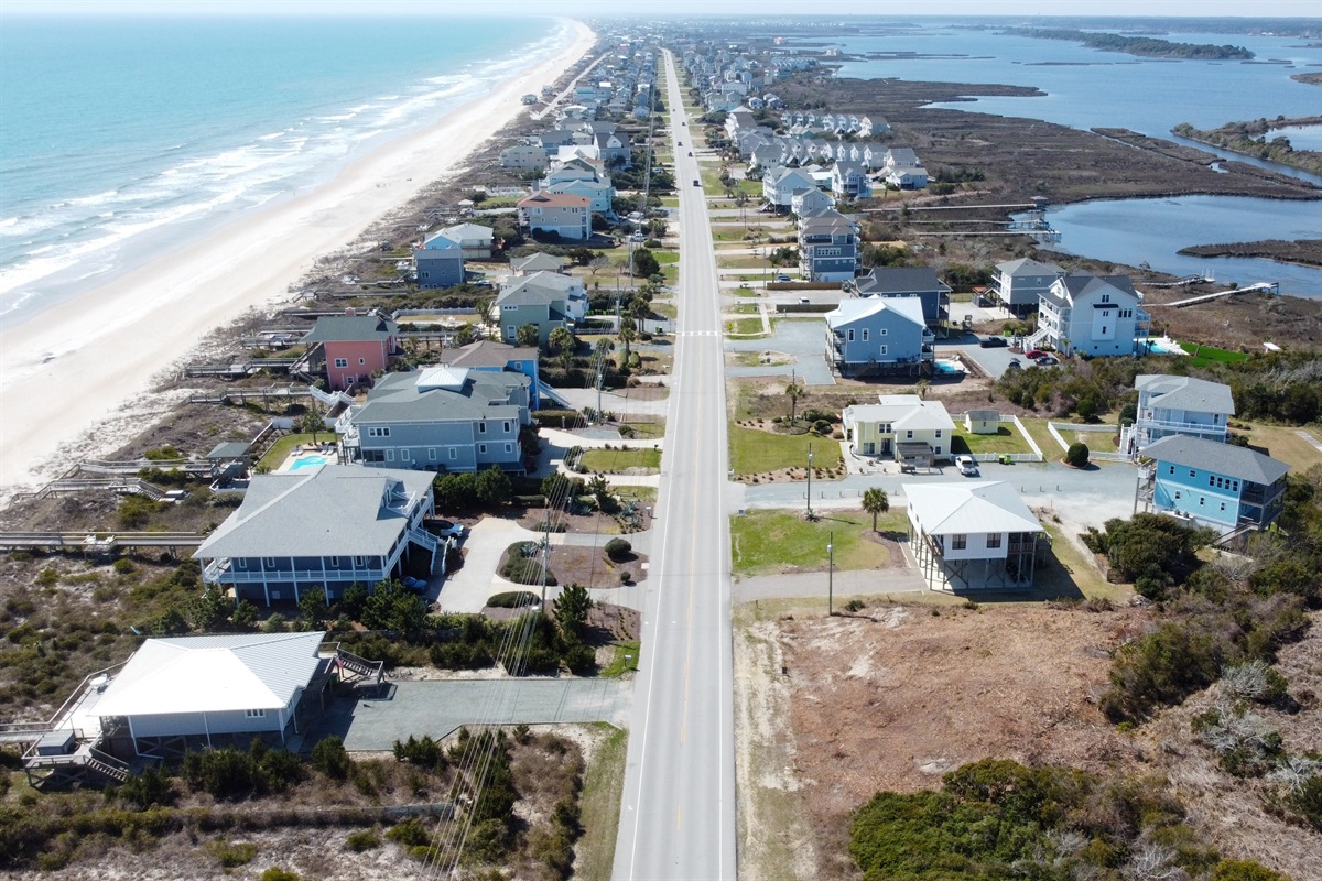 Island Drive, North Topsail Beach, looking south with ocean on the left and sound on the right