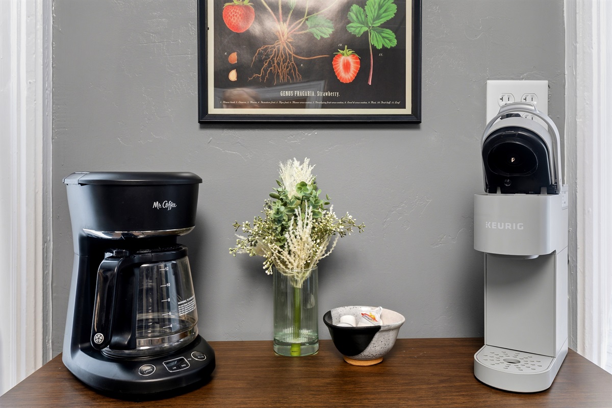 Mr. Coffee drip brewer and Keurig single-serve with pods and filters provided