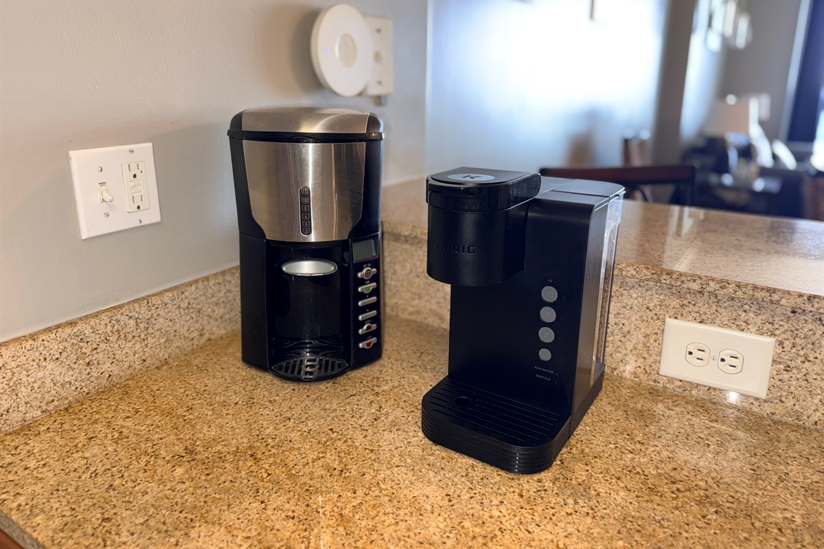 Regular and K-cup coffee makers in unit for guests