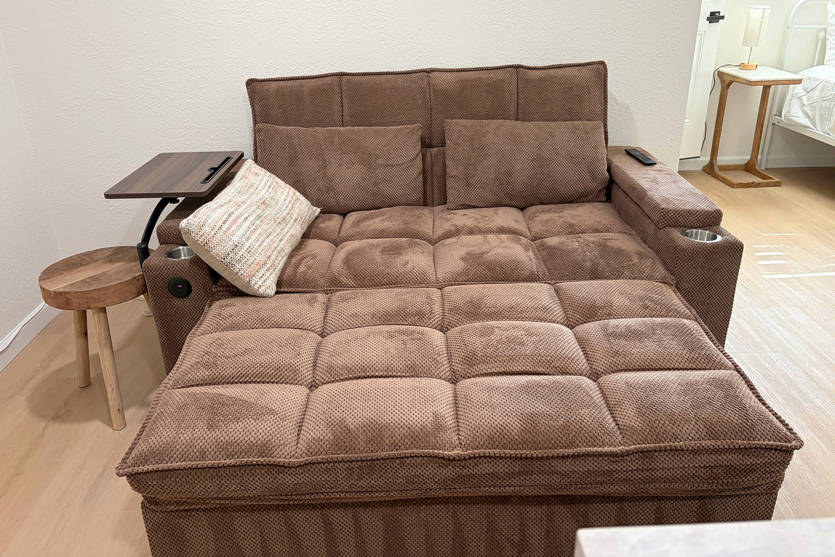 You'll "love" this love seat so much you'll want one for your house.  It has 3 modes, standard couch mode, chillin' watchin' netflix mode (seen here) and the full sized bed mode.