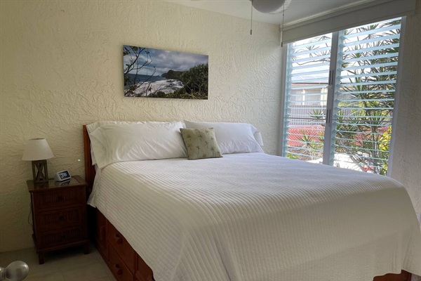 Peaceful bedroom with a comfortable king bed and AC for cool, restful island nights.