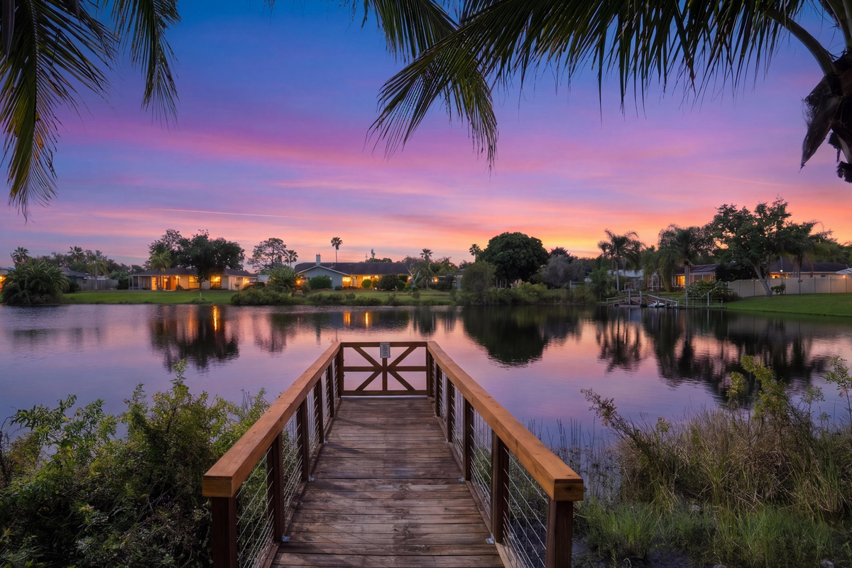Private dock extends over calm water, offering peaceful sunset views and turtle watching.