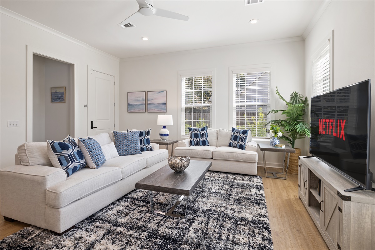 Easy comfort: open layout for connection, cozy sofas for downtime.
