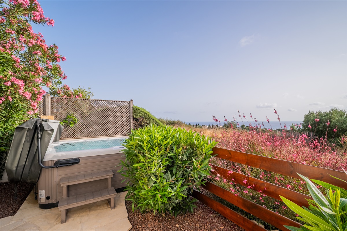 Take in breathtaking views of the sea and the Troodos foothills while soaking in the outdoor hot tub, large enough to fit six people.