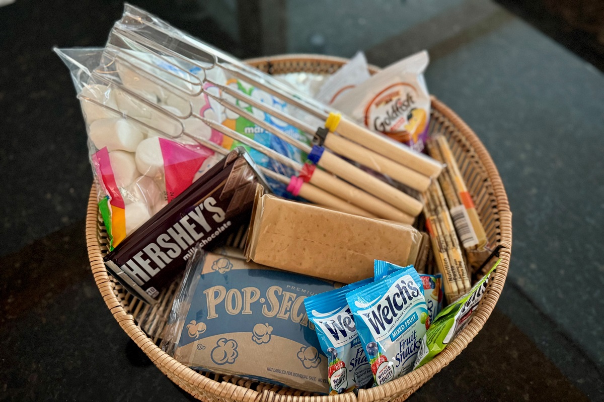 A warm welcome basket — yummy treats to start your stay right.