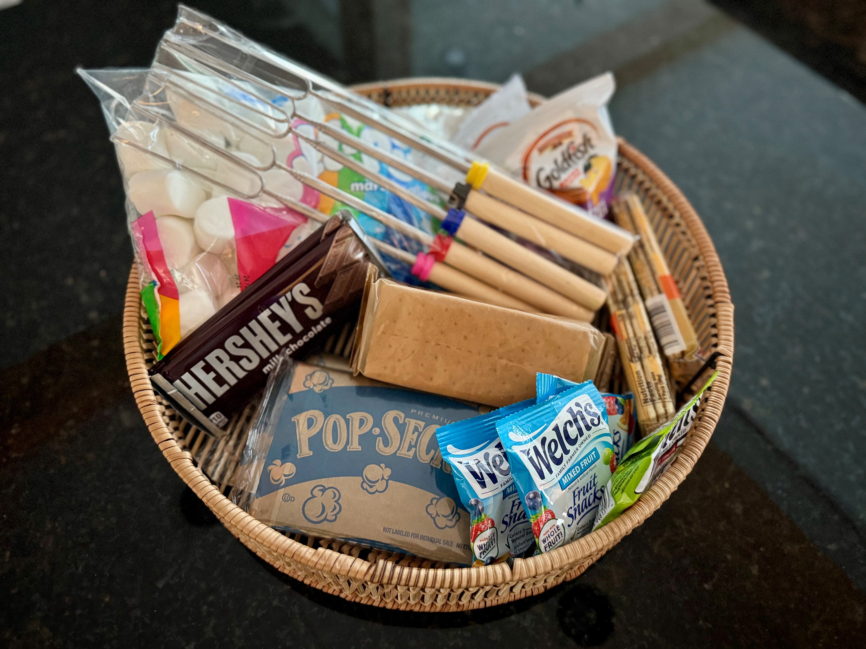A warm welcome basket — yummy treats to start your stay right.
