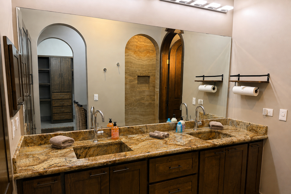 Primary En-Suite Bathroom: Enjoy a spacious en-suite bathroom featuring dual sinks, a walk-in stone shower, and a dedicated vanity area, providing plenty of space to get ready in comfort.