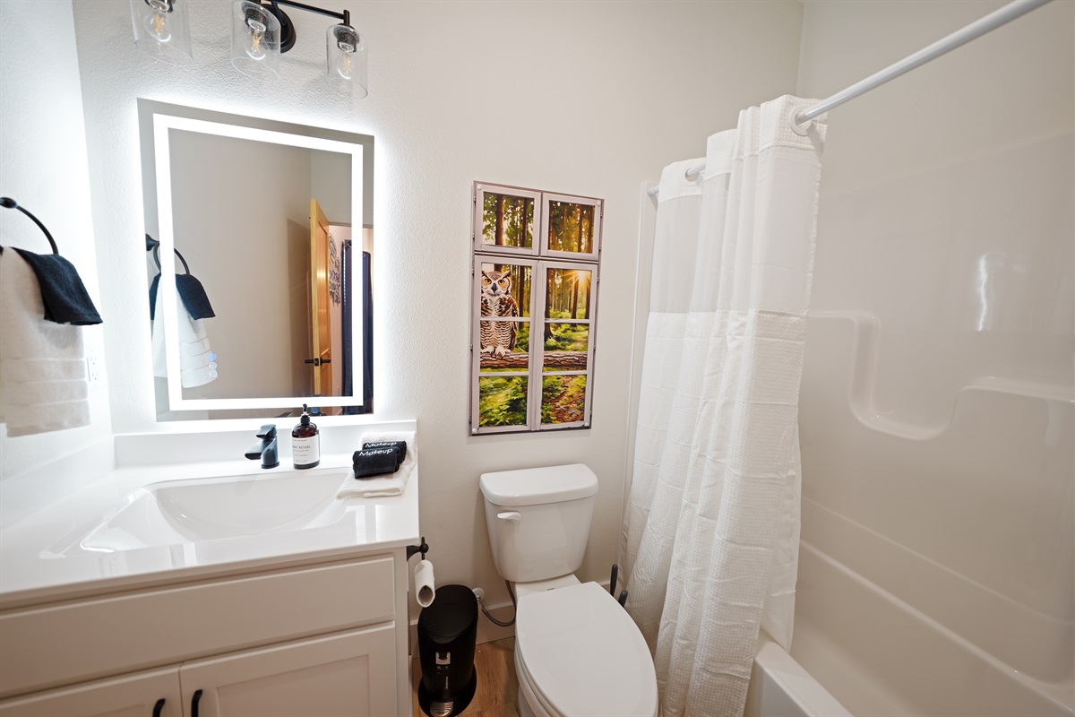 Attached ensuite bathroom with tub/shower combo and lighted LED mirror