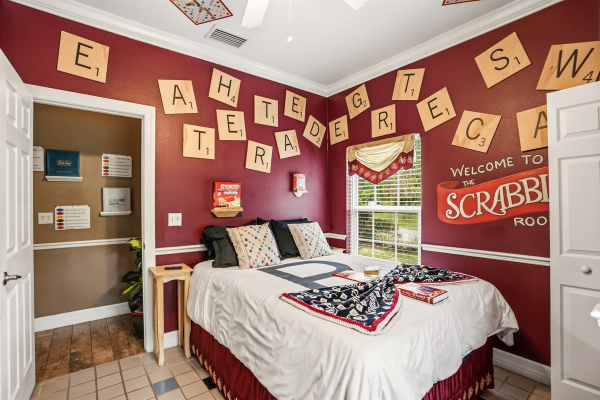 Scrabble themed bedroom at Orlando group rental estate
