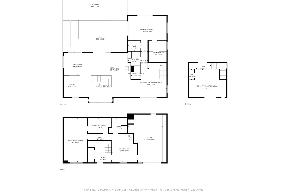 Modern tri-level floor plan showcasing the architectural separation at The Crag. Featuring three distinct levels of living, including a private lower-level guest room and a bright third-floor sleeping loft overlooking the village of Otter Creek.