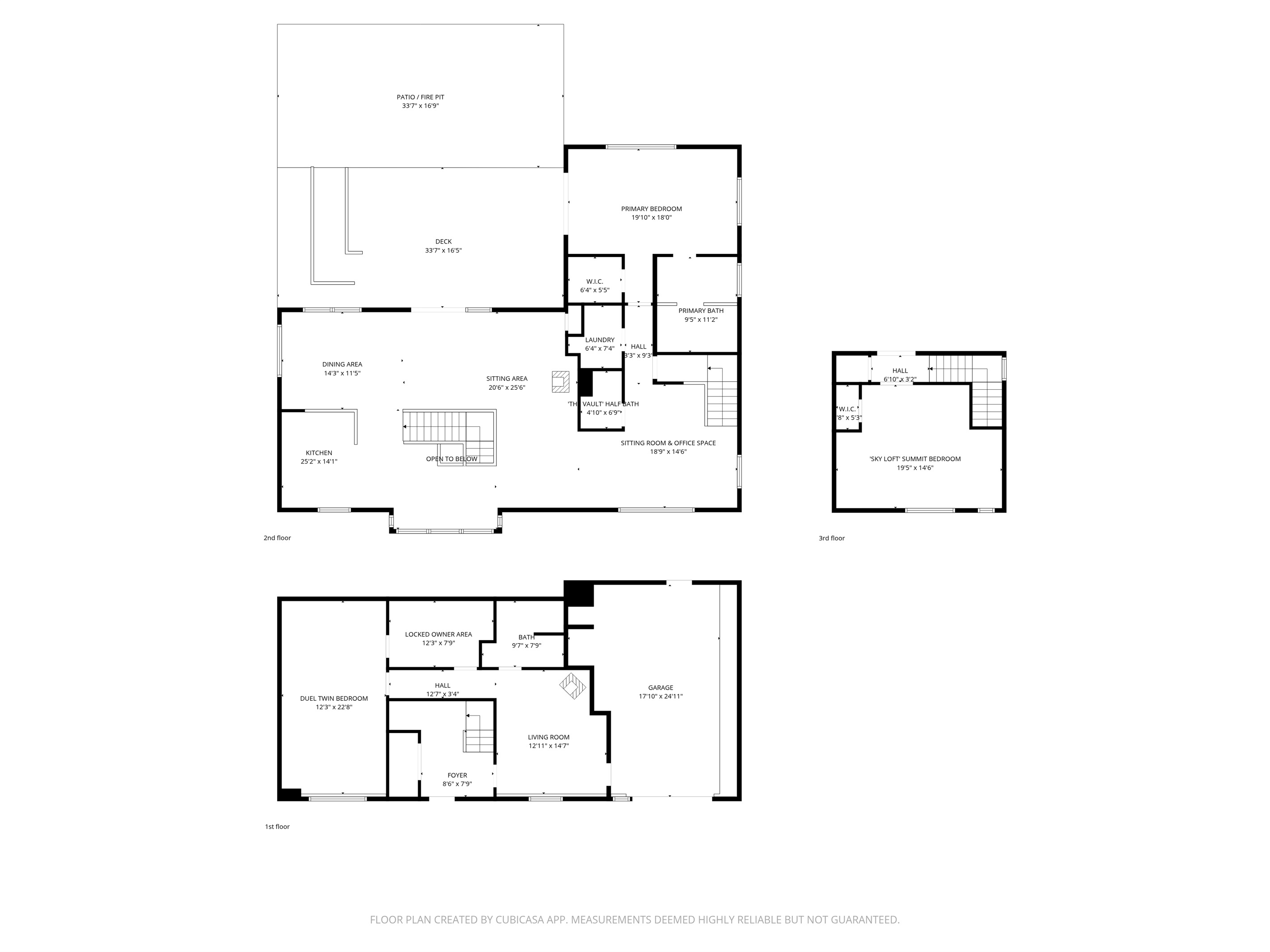 Modern tri-level floor plan showcasing the architectural separation at The Crag. Featuring three distinct levels of living, including a private lower-level guest room and a bright third-floor sleeping loft overlooking the village of Otter Creek.