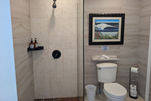 Poolside cabana bathroom at Villa Coral featuring a walk-in shower with black fixtures, wood-look tile accents, travertine walls, and ocean surf artwork in Dorado, Puerto Rico.
