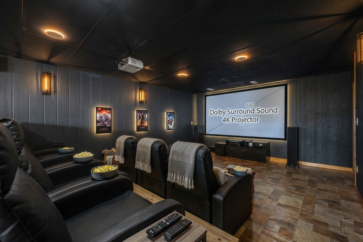 The theater room is furnished with comfortable recliners, providing a truly relaxing experience. Additionally, there is an extensive collection of movies available for the DVD player.
