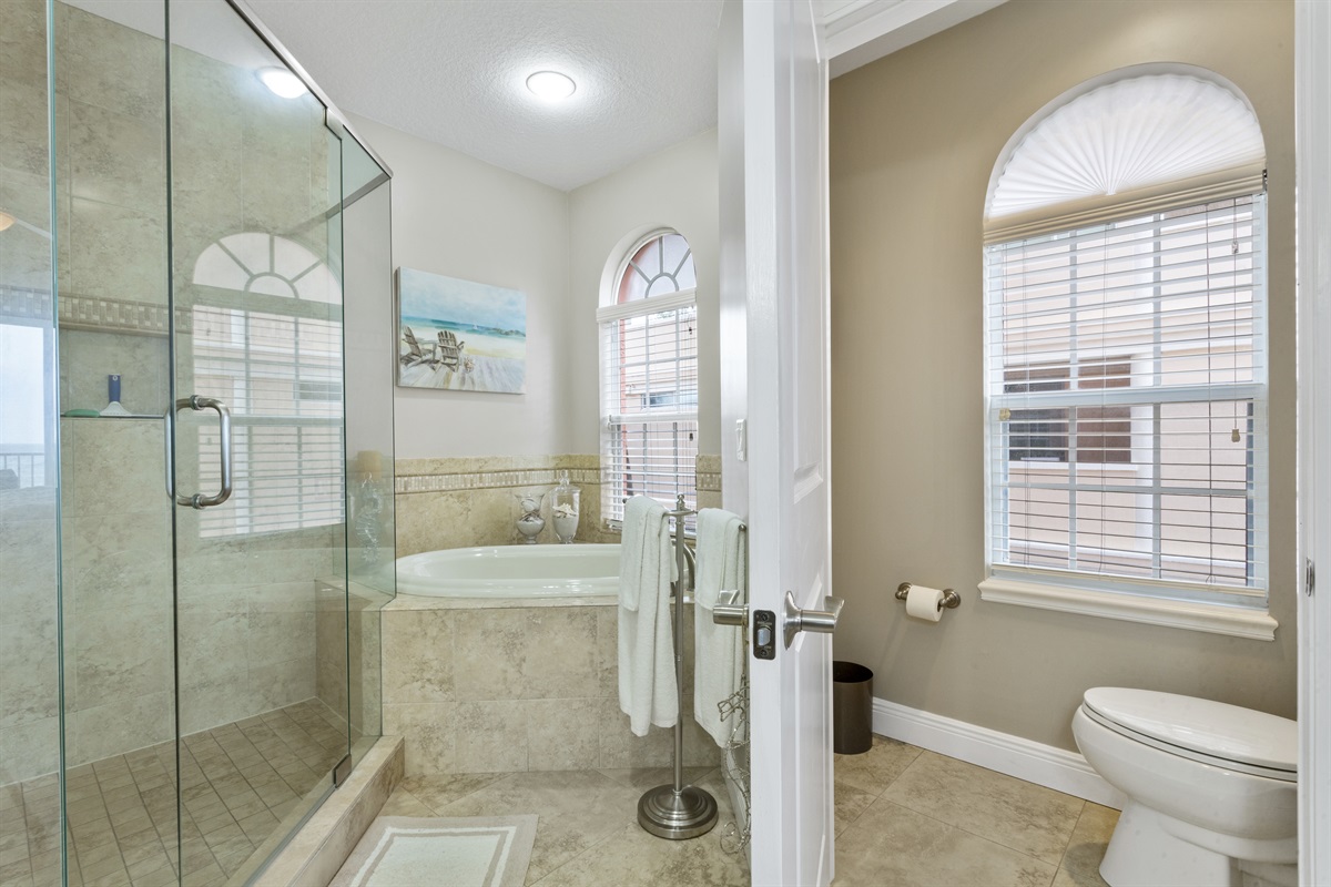 Master bath, walk-in shower and garden tub