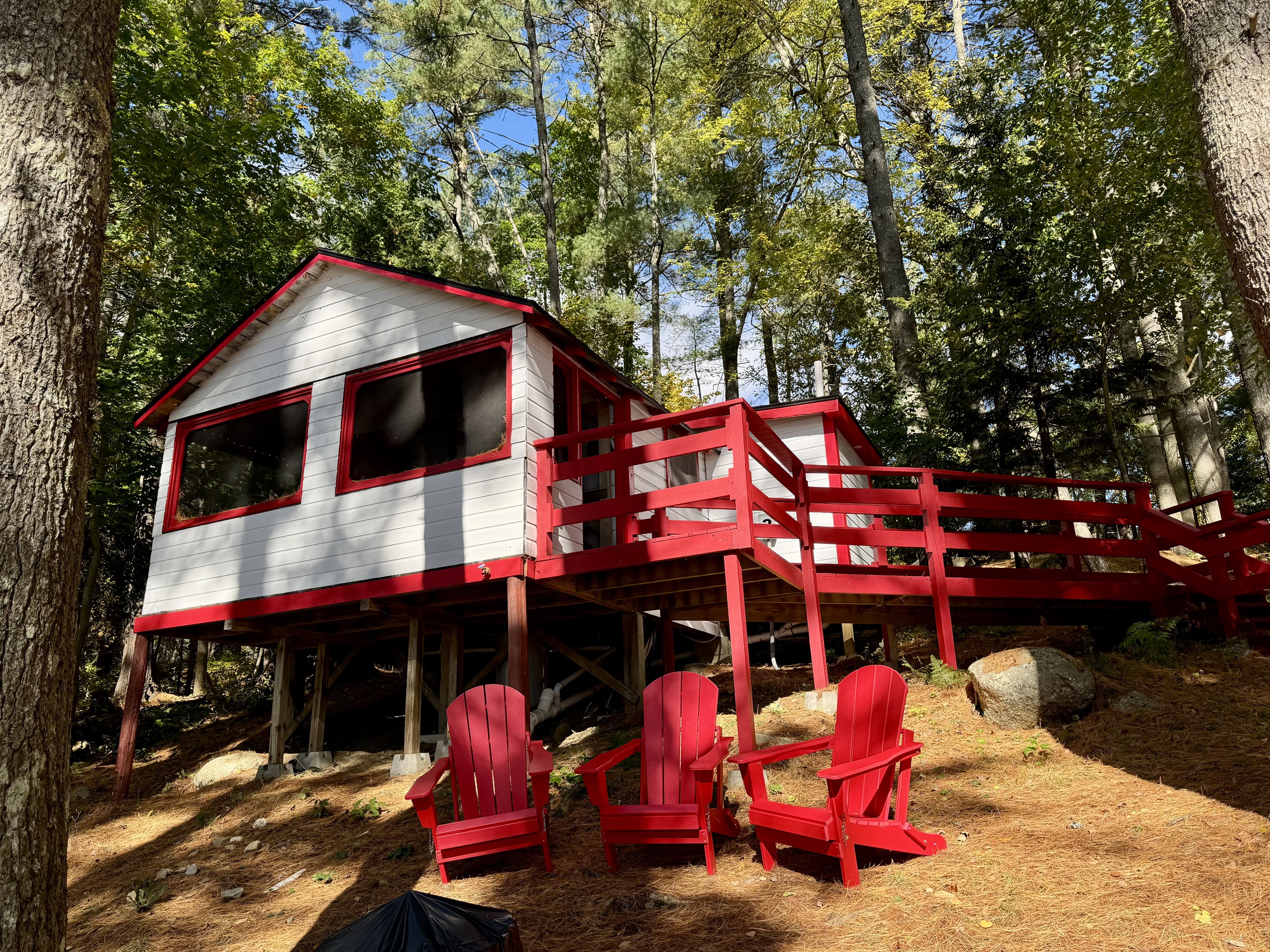 Nestled deep in the woods, this charming white and red cabin offers rustic tranquility with a touch of classic charm