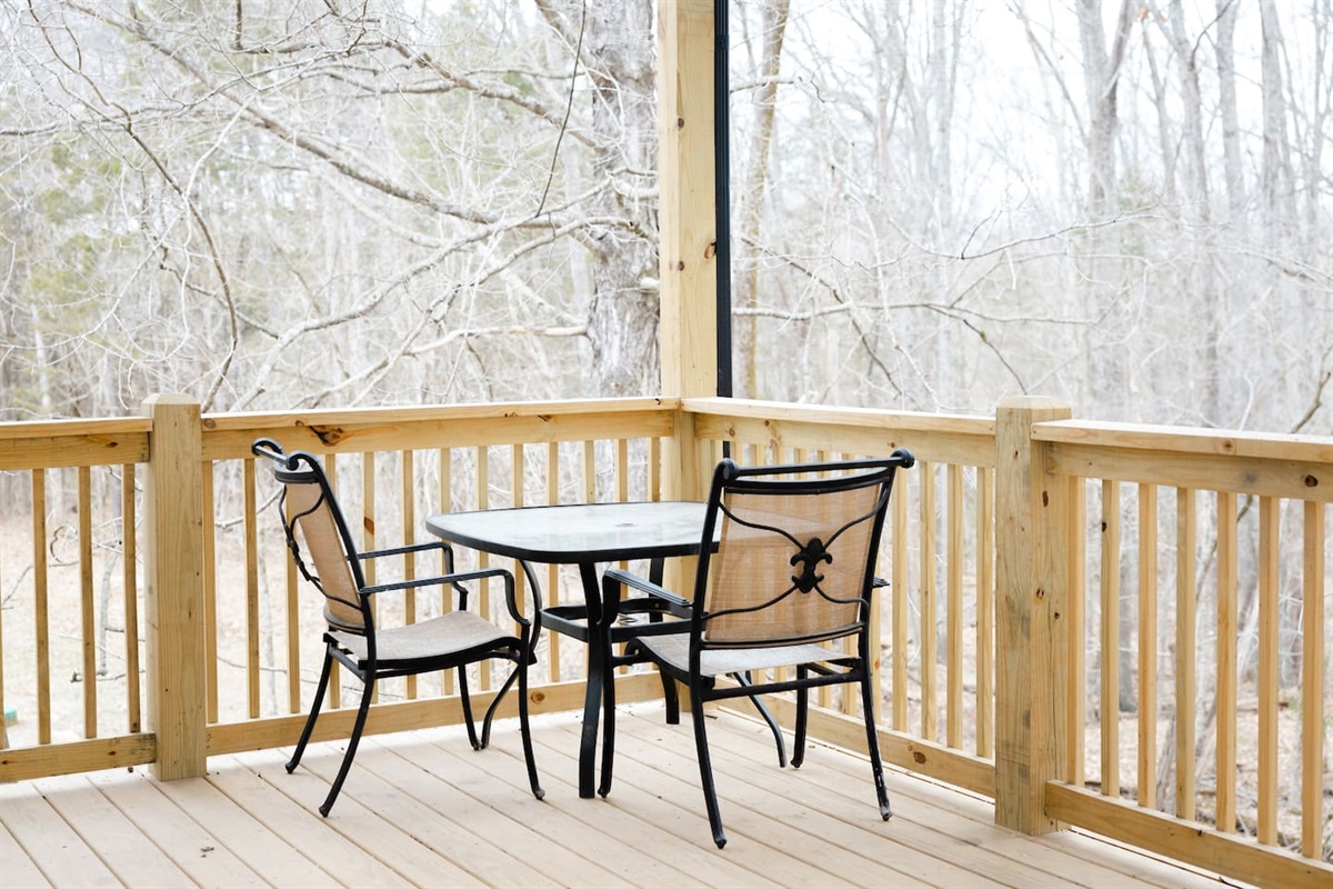 Enjoy the upper deck and its view of the woods, trails, and Floyd's Fork Creek.