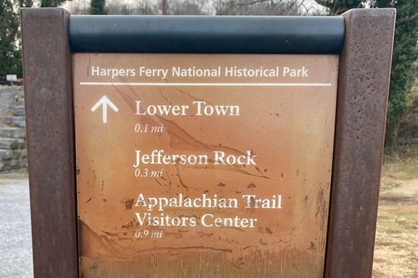 Appalachian Trail marker at Harpers Ferry National Park. We can pickup for fee on other side of Potomac River on Harpers Ferry Rd in MD.
