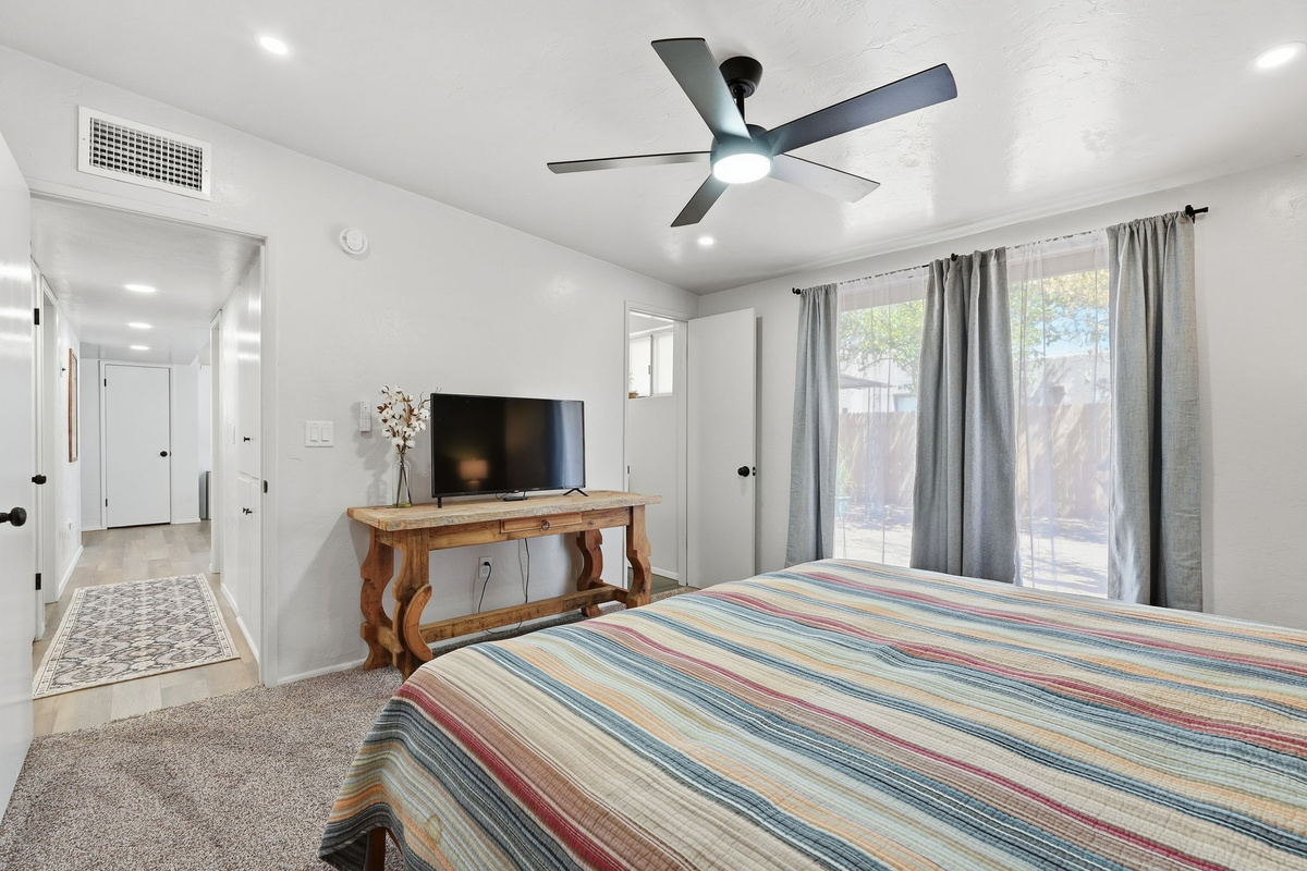 Comforts include a TV and ceiling fan.