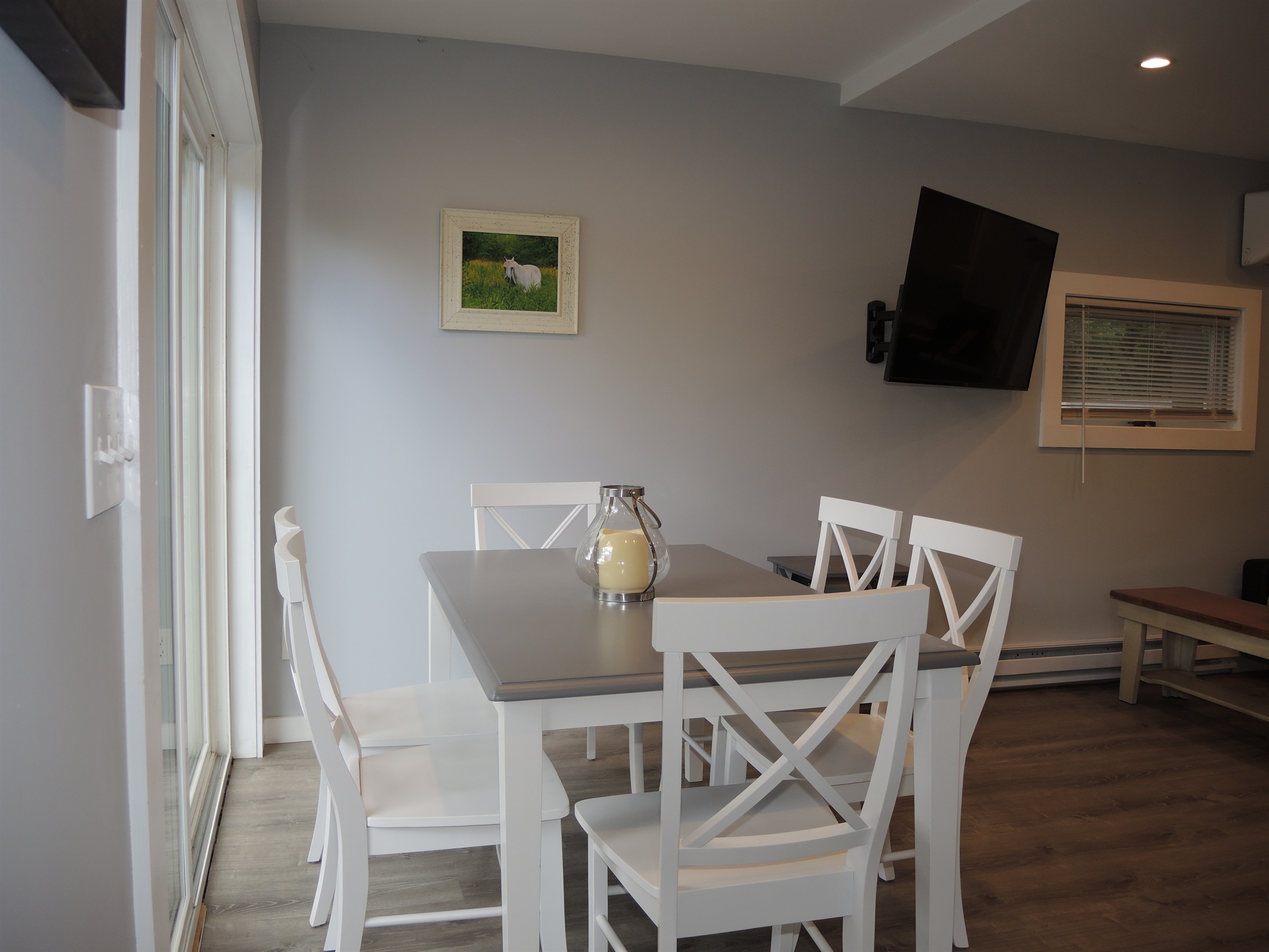 Dining area overlooking deck and water