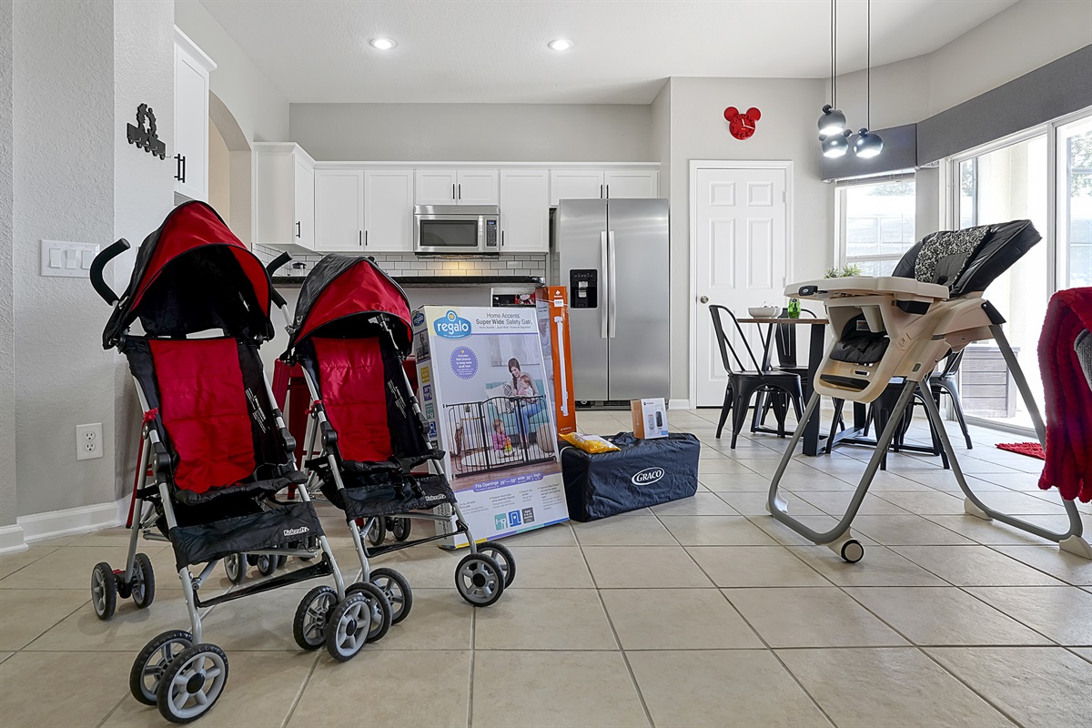 Windsor Whimsy is prepared for the littest of guests in mind. A high chair, pack n&rsquo; play, two strollers, outlet covers, a baby monitor, and a safety stair gate are all available.