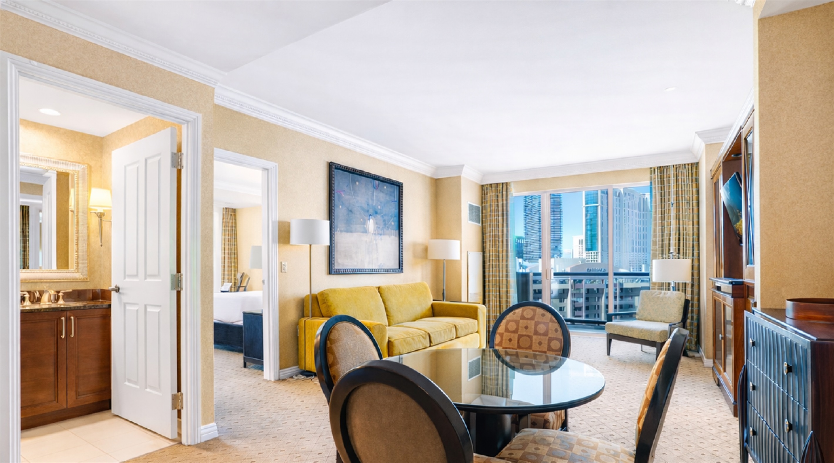 Spacious living area with queen sofa bed and direct balcony access 🛋️