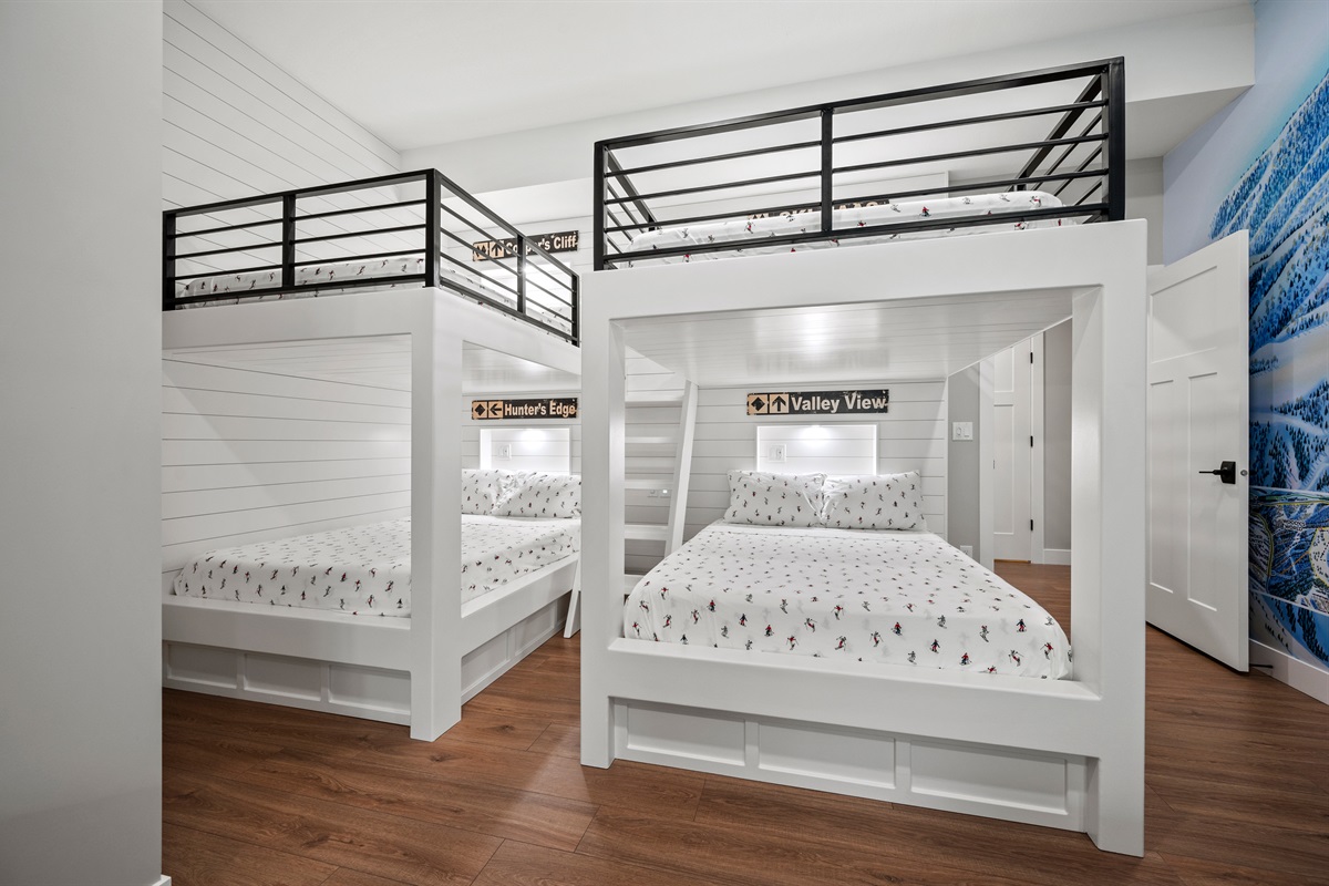 Two bunk beds with full-over-full mattresses, perfect for accommodating family and friends.