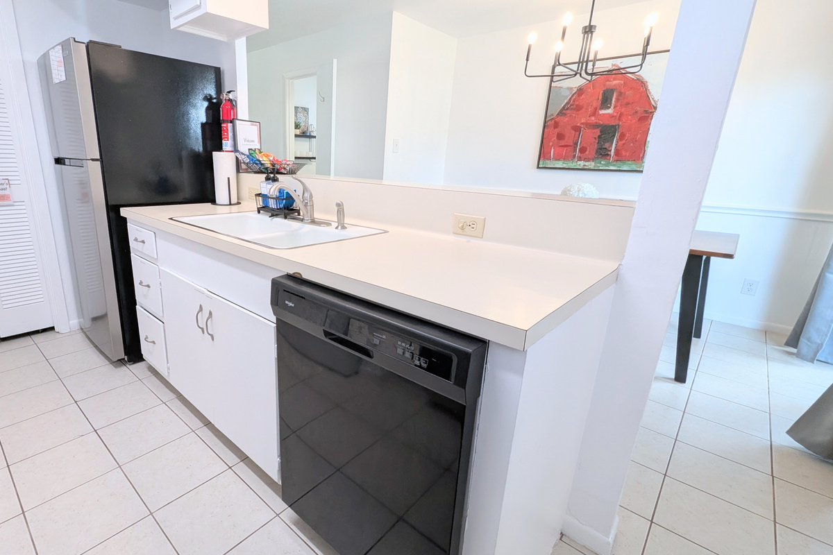 The kitchen includes a dishwasher, with detergent provided for your convenience.