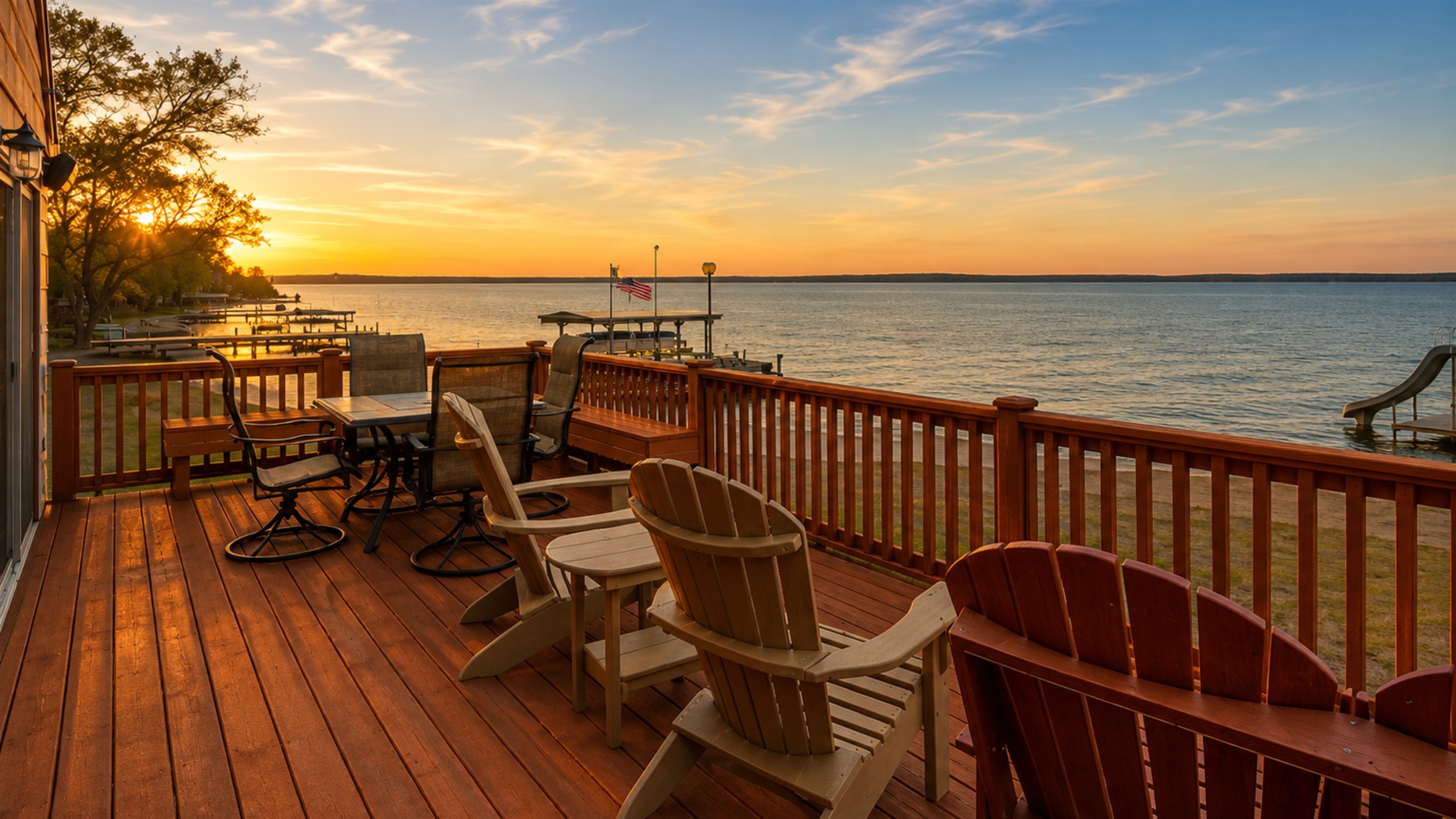 Enjoy breathtaking lake views from the spacious deck, ideal for relaxing and dining. 🚤🌅🪑