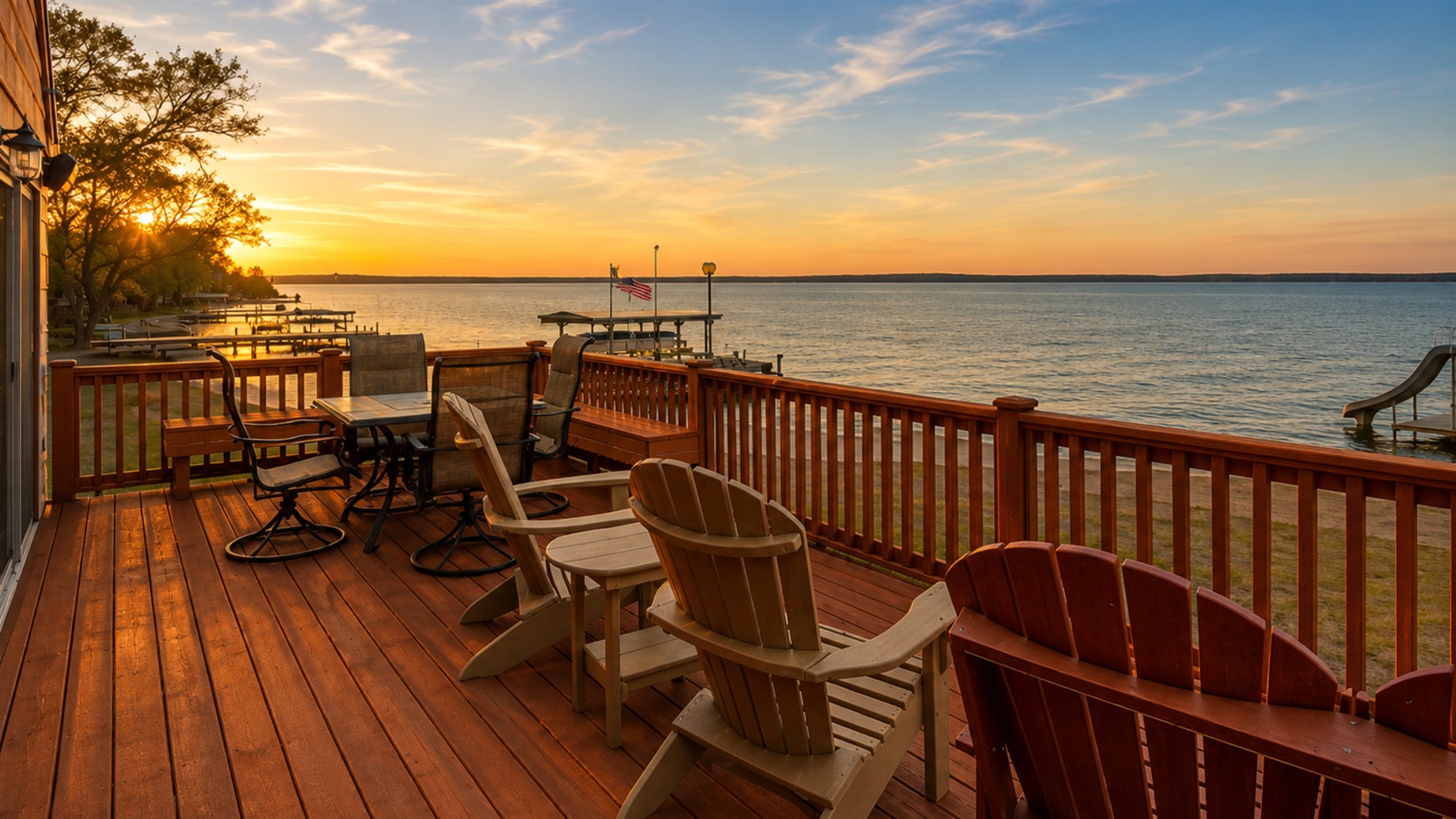 Enjoy breathtaking lake views from the spacious deck, ideal for relaxing and dining. 🚤🌅🪑