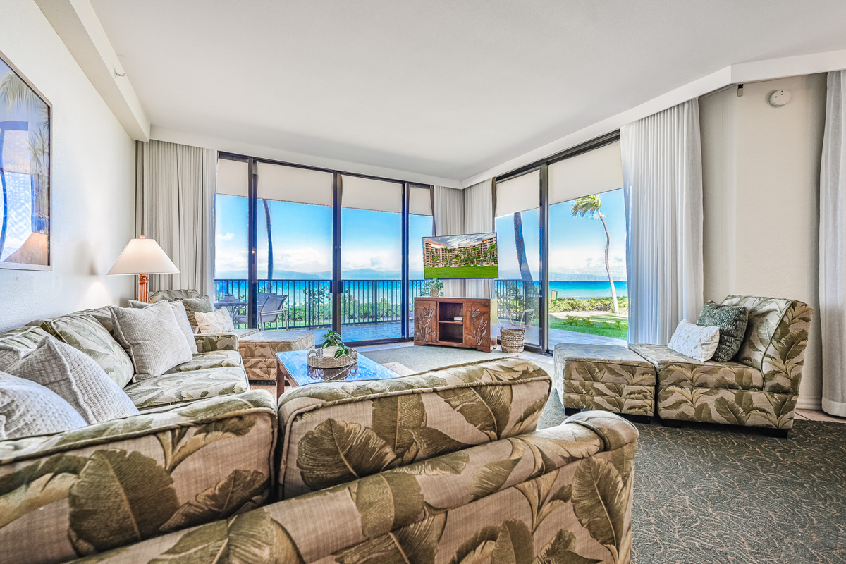 Spacious living room with panoramic ocean views on two sides!