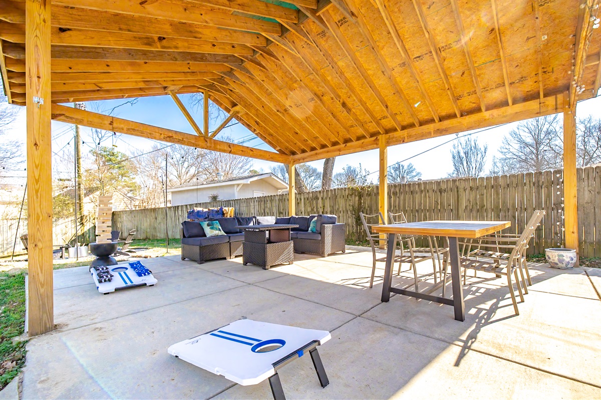 Outdoor living at its finest! Relax in our gazebo with comfy couch and dining area.