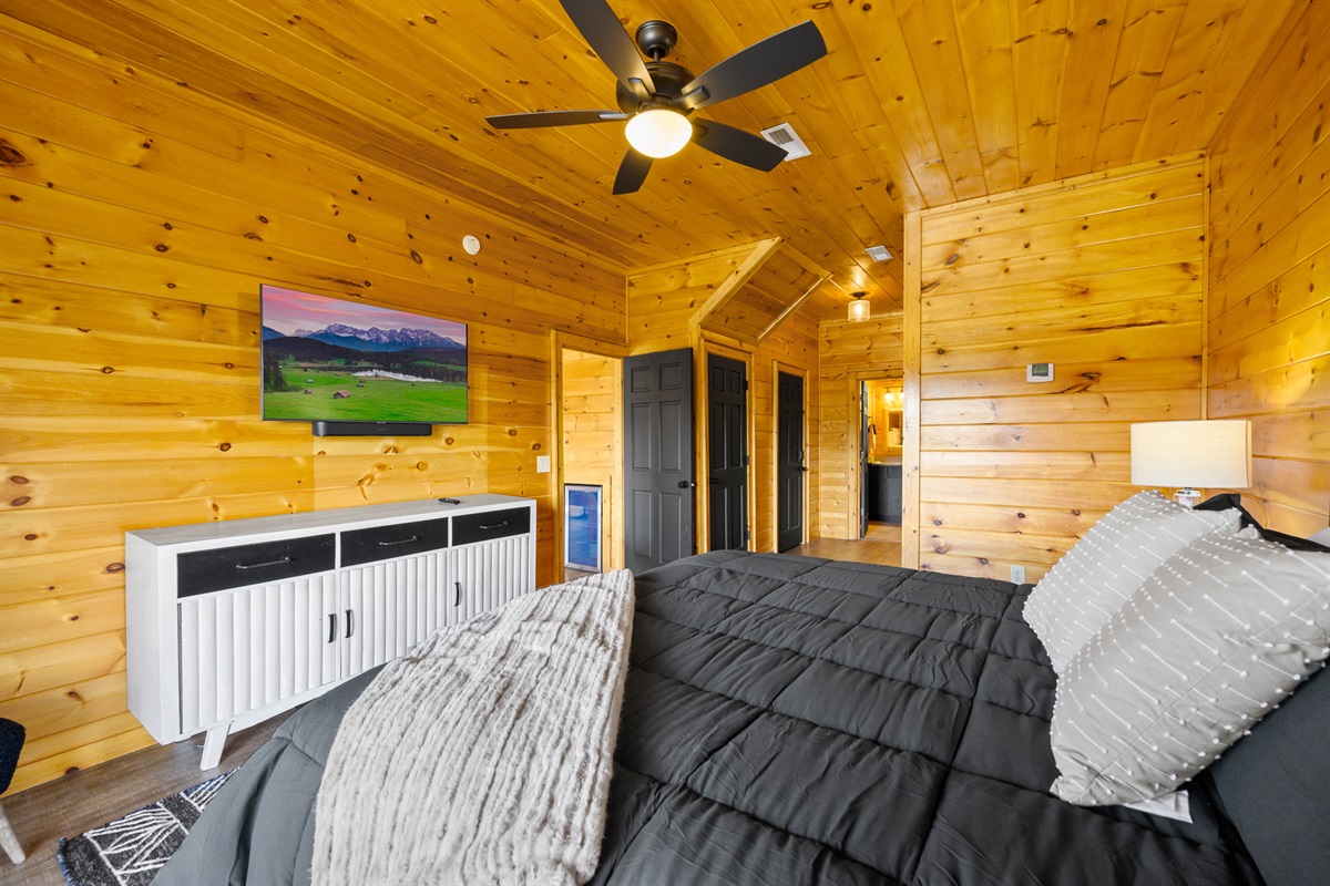 Downstairs bedroom with bathroom in background