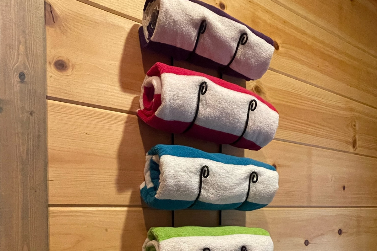 Grab a colorful towel fro, the laundry room on your way to relax in the hot tub.