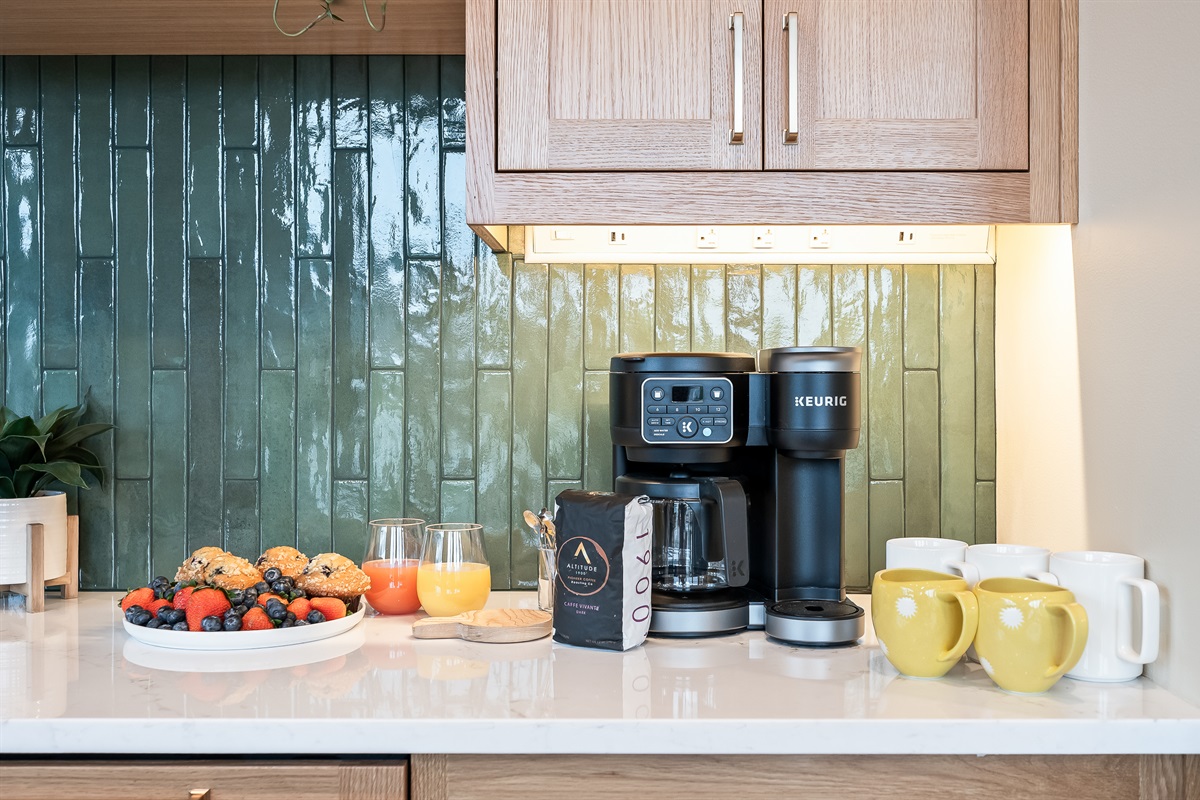 Main floor kitchen coffee maker: 12 cup drip coffee maker (coffee beans provided), coffee grinder, frother.