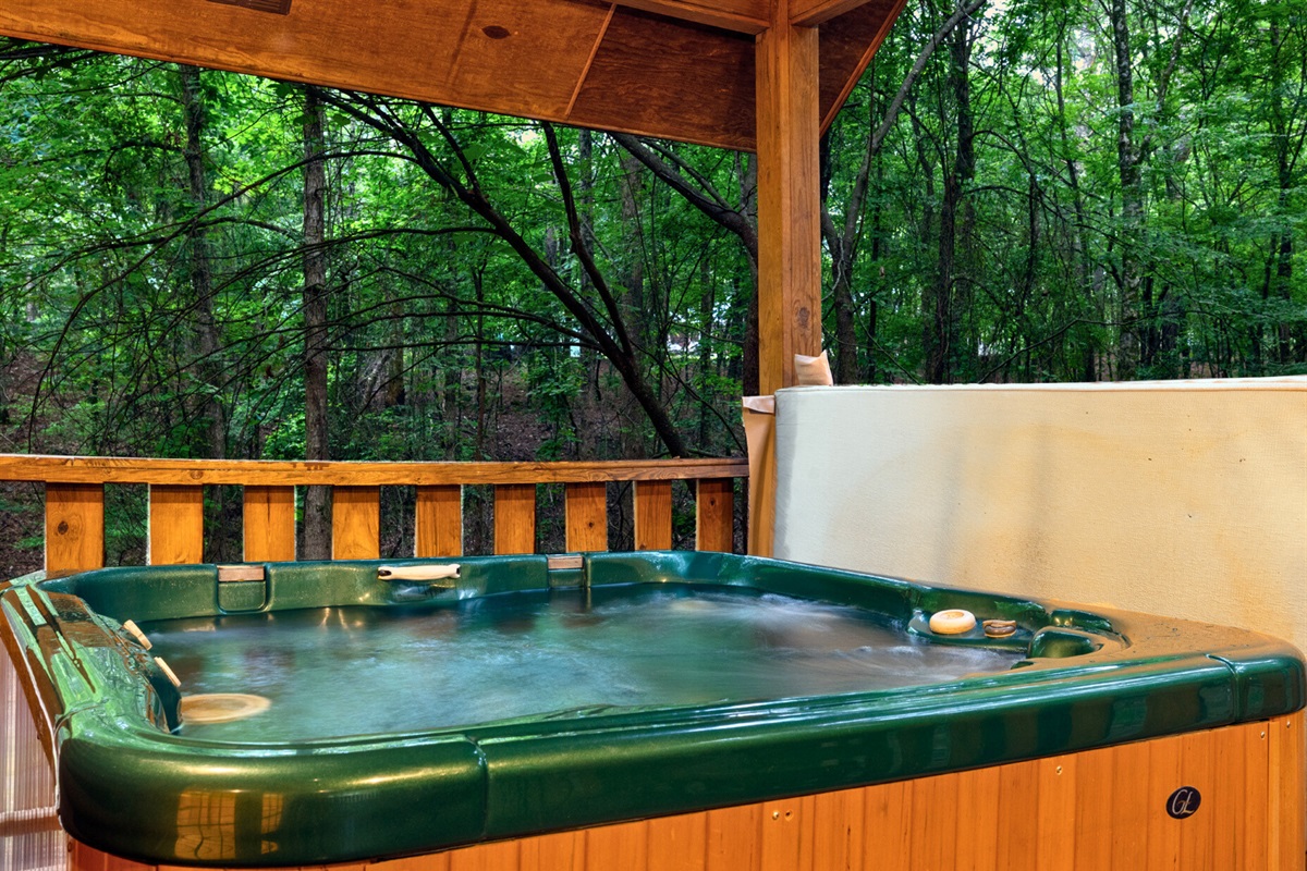 Soak in the hot tub as you overlook the pond—water views and woodland privacy combined.