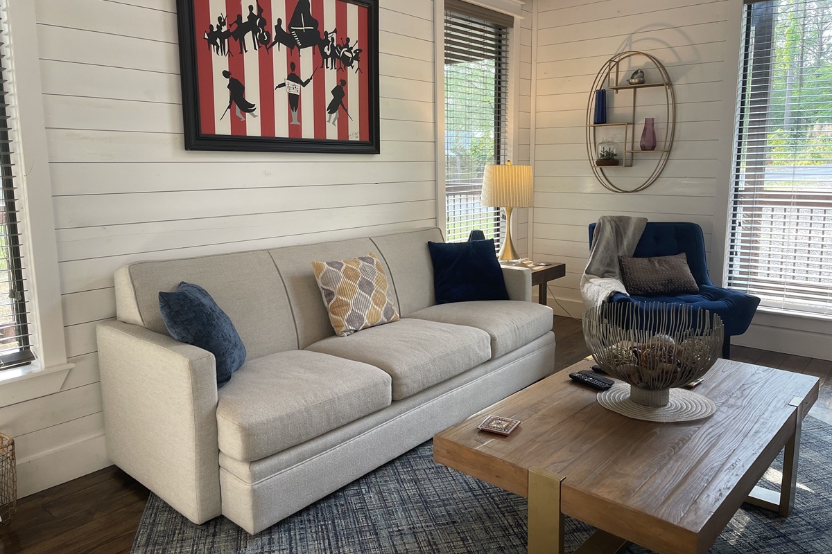 Cozy couch in the living room, and a comfy chair by the window.