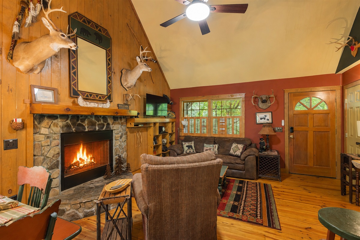Gather around the fireplace, settle into the comfortable seating, and enjoy a peaceful evening indoors.