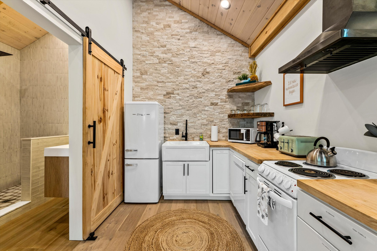 Fully stocked Kitchen with full bathroom adjacent to it.