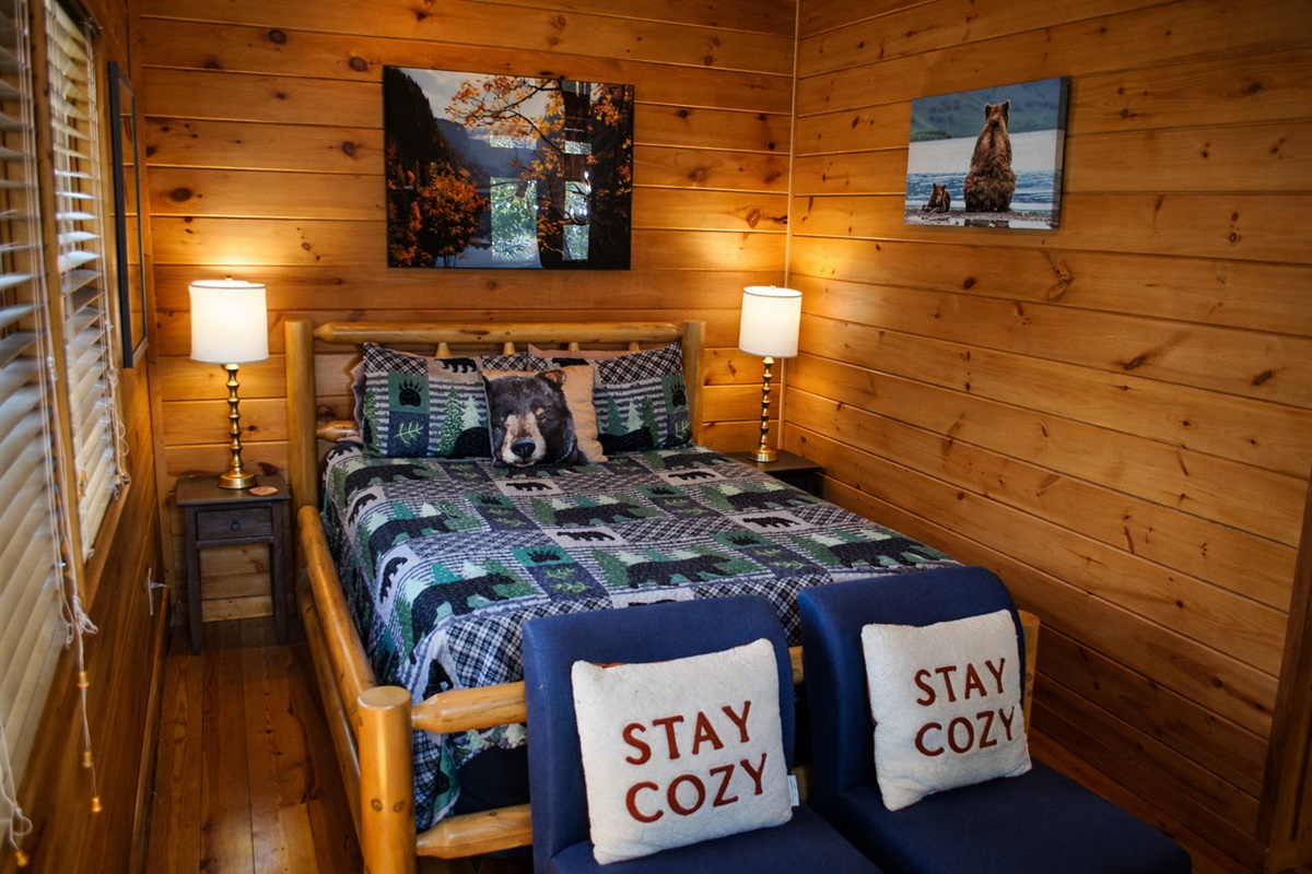 Loft bedroom with queen sized bed. 