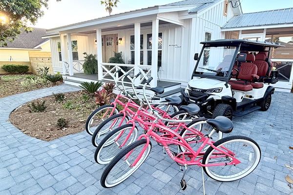 6 seater golf cart and 4 beach cruisers