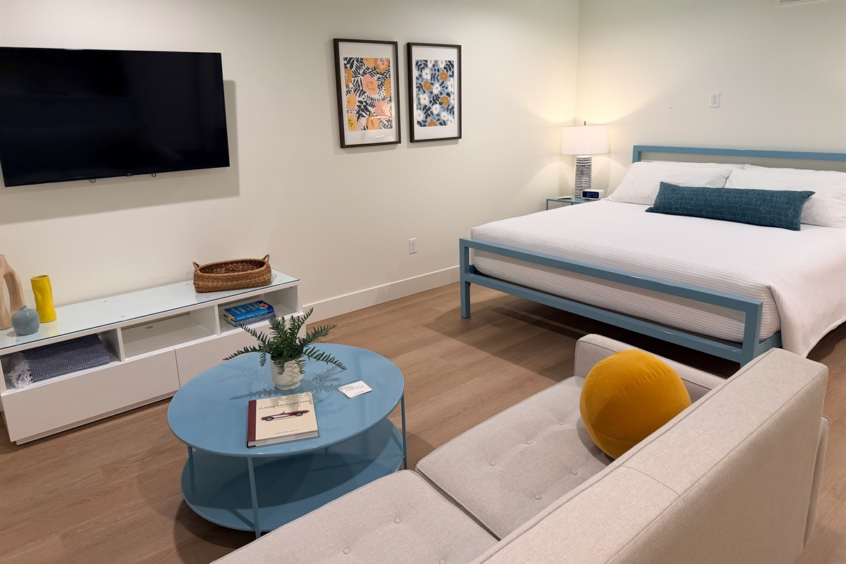 Living area and king bed