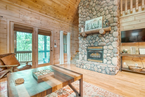 Stone fireplace in living room