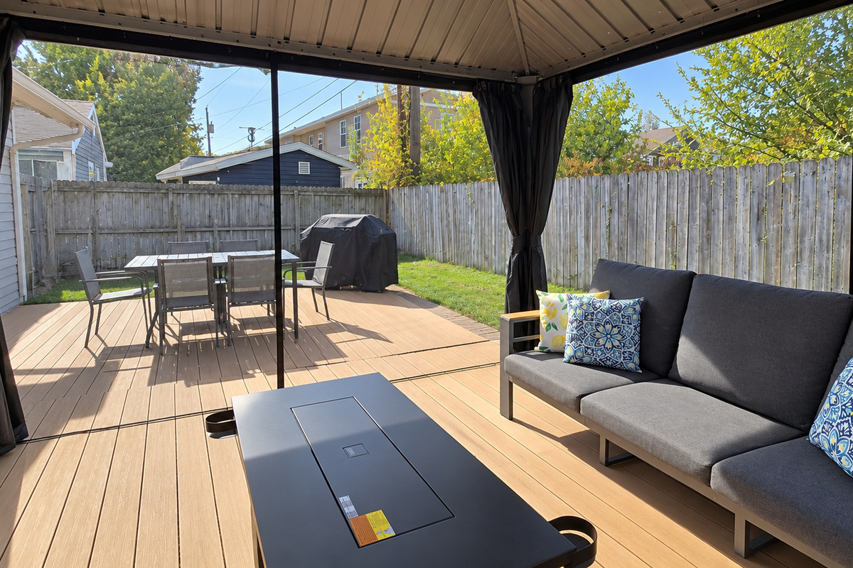 From fireside lounging to outdoor dining and grilling—all on one spacious deck.