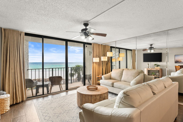 Comfy living room with private balcony, smart TV