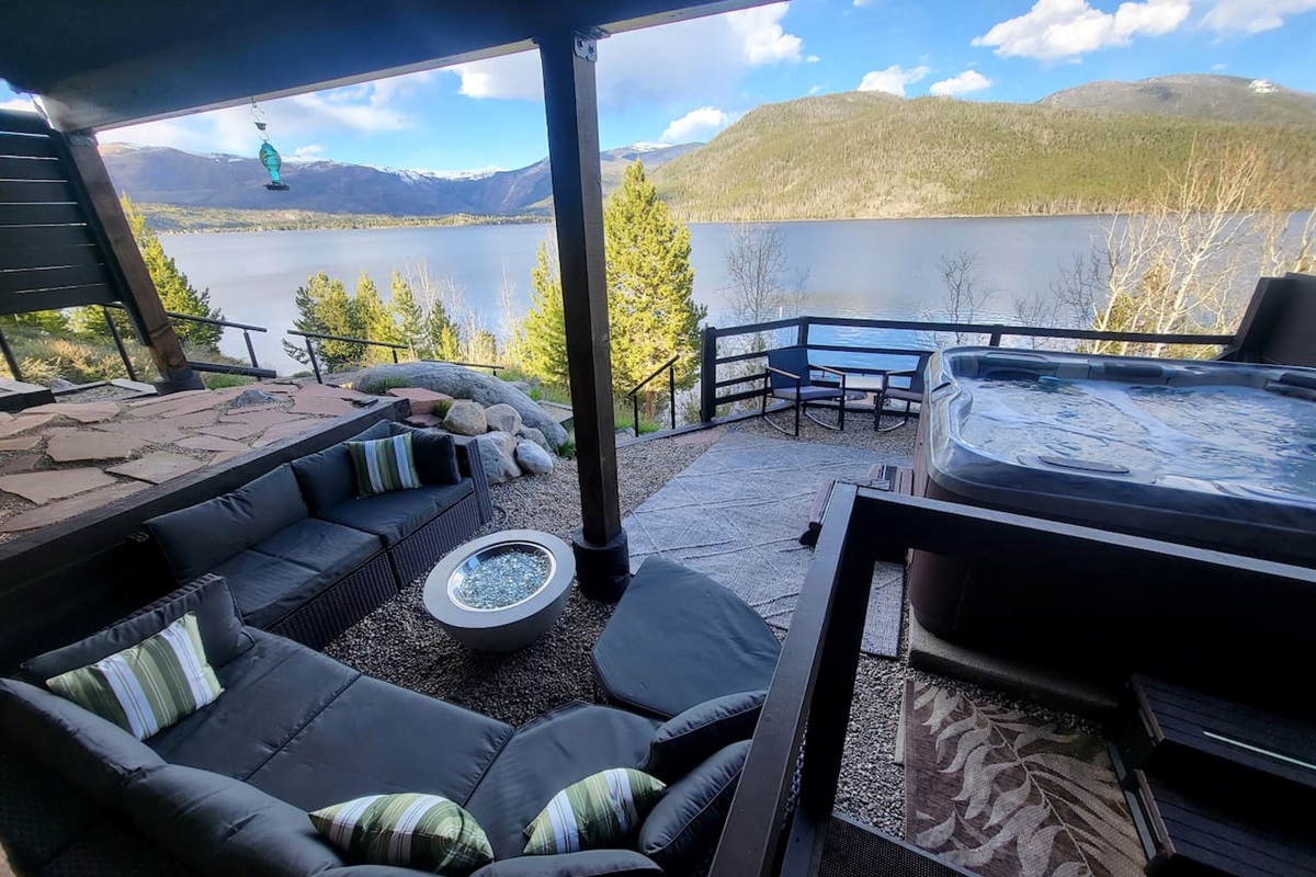 Seating area and fire table are available on upper patio for easy access!