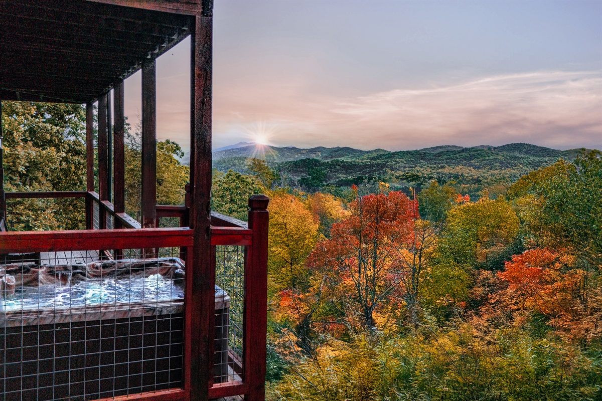 Soak your cares away while taking in panoramic views of the Great Smoky Mountains! Our large hot tub has amazing views and is refilled/cleaned after each guest.