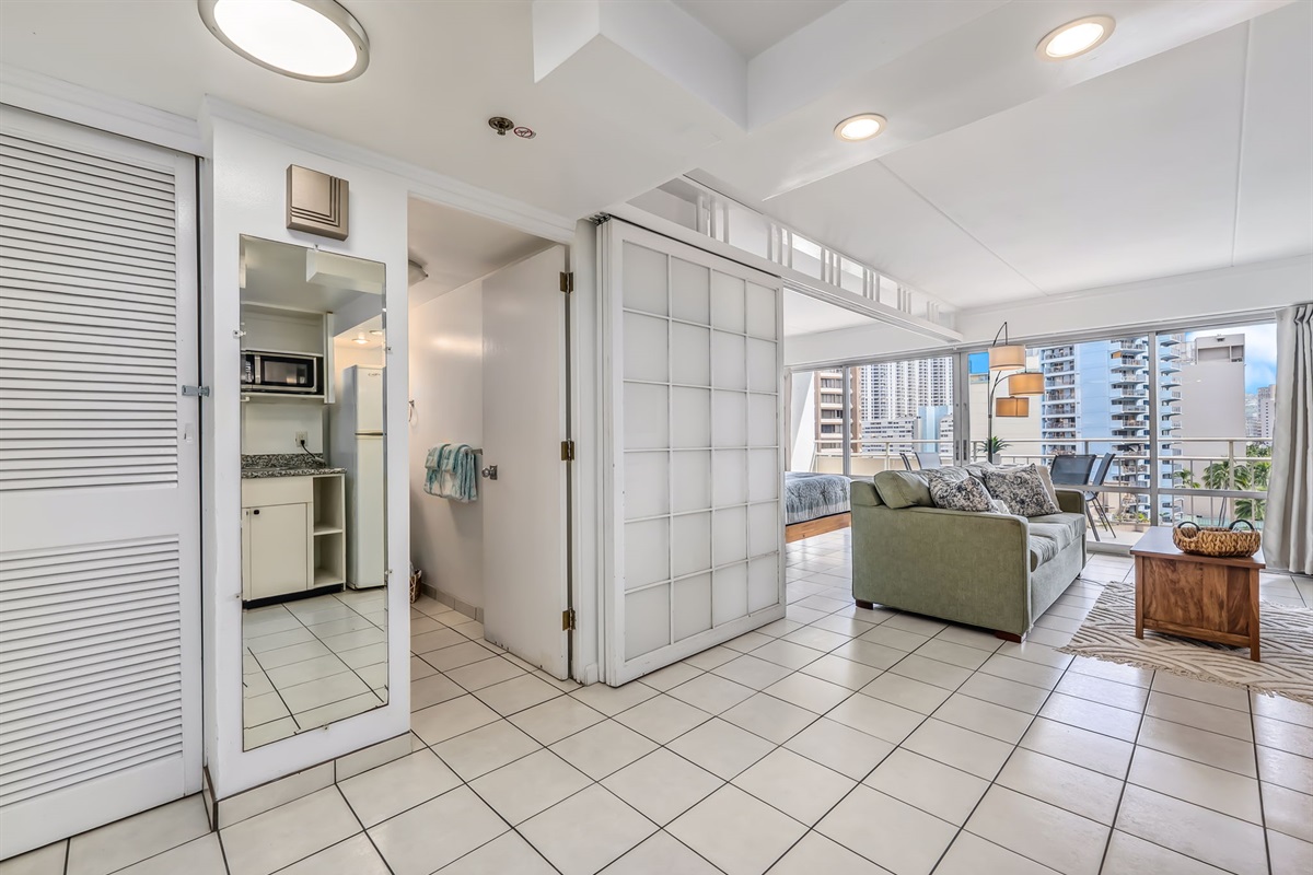 Open floor plan with full kitchen, full bathroom, living area and bedroom area can be separated using shoji style sliding door pictured for added privacy