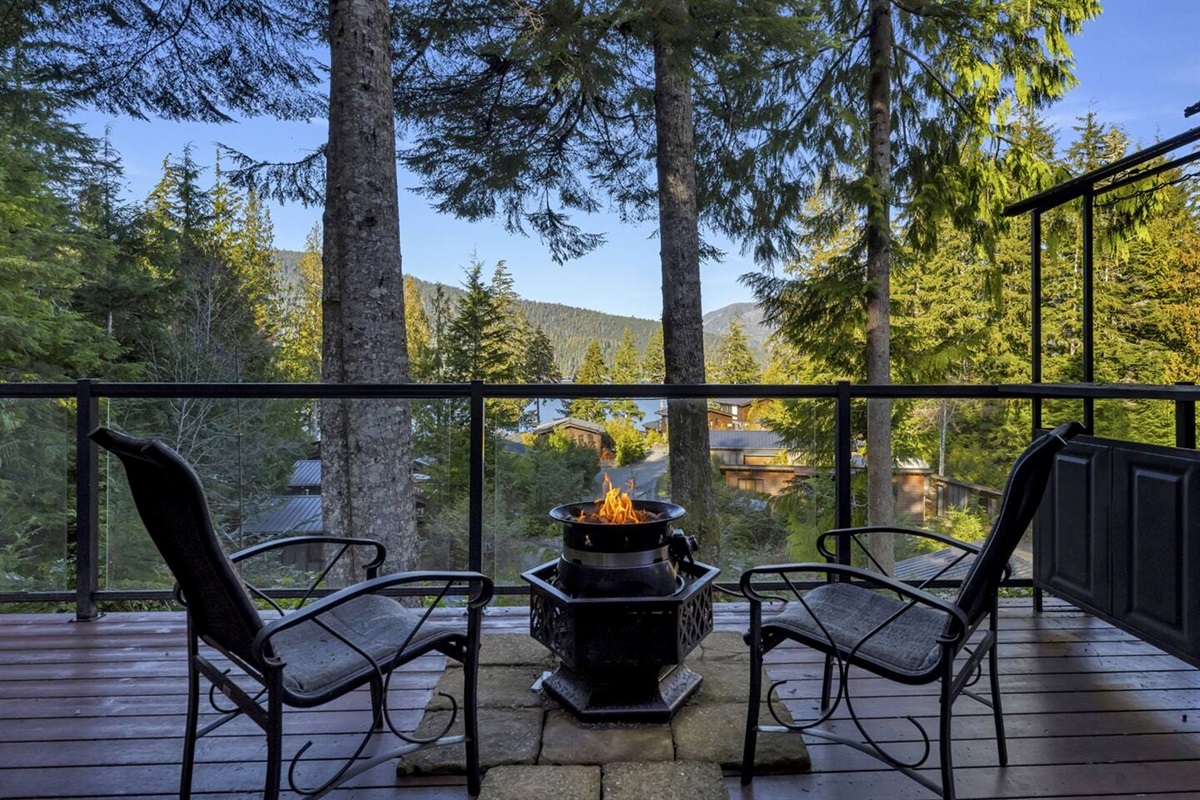 The gas fire pit and view over the Cottage Community and the Bay